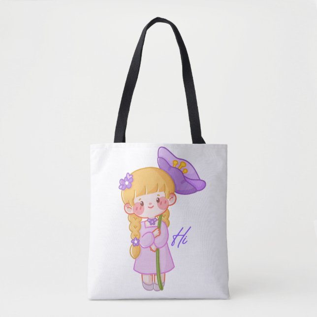 Saca Tote Menina Chibi Fofa com Guarda-chuva  (Frente)