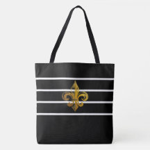 SACO DE DESIGN TOTE DE FLEUR DE LIS, PRETO E BRANC
