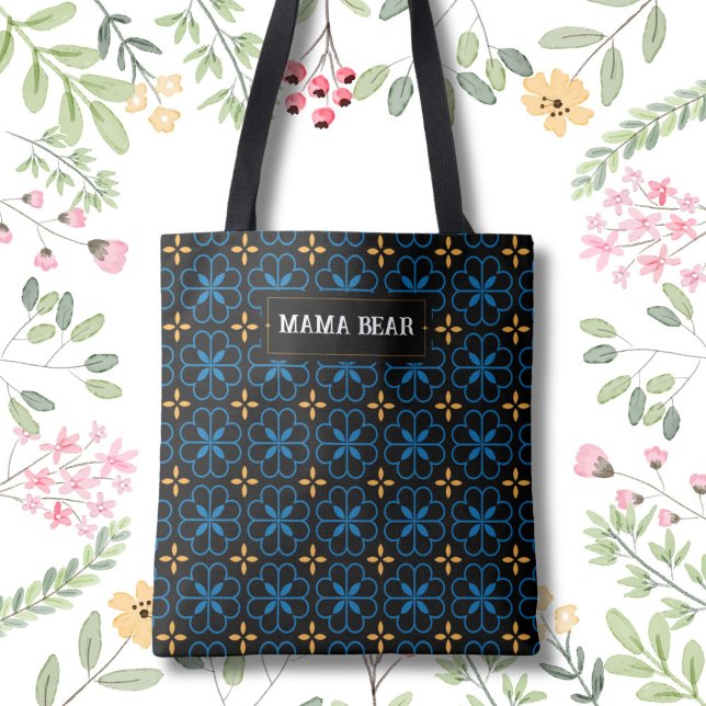 Saco de Tote Elegante do Urso da Mãe Personalizáve (Custom your name or text on the elegant Mediterranean pattern tote bag.)
