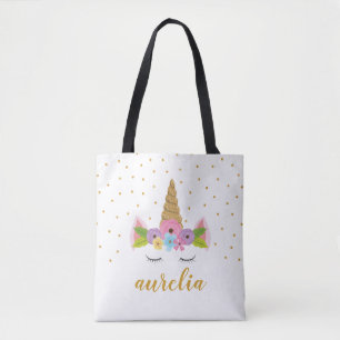 Saco de Tote Girly do Unicorn Bonito com Nome Pers