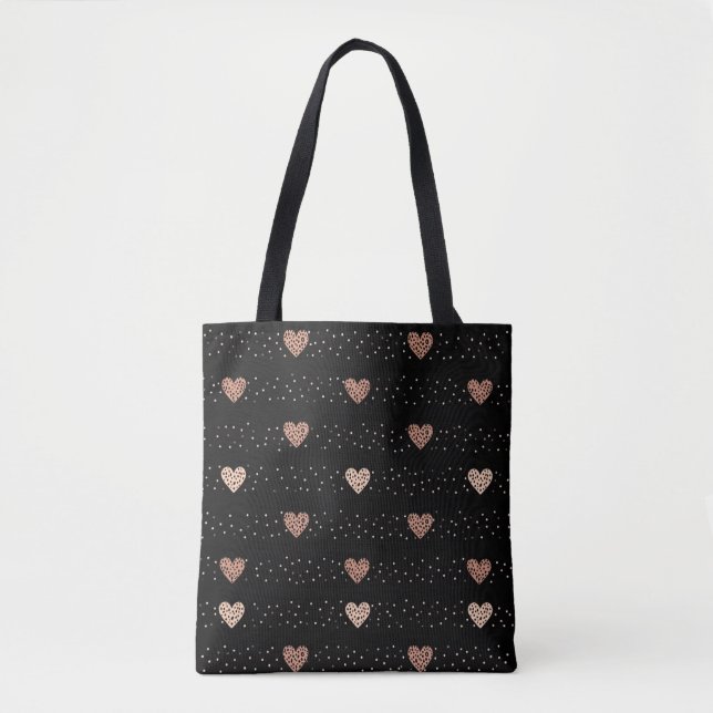Saco de Tote Preto com Padrão de Bolinhas Coração  (Frente)