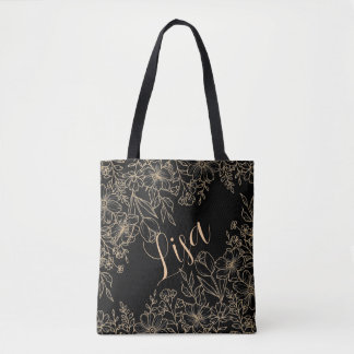 Saco de Tote Preto Personalizado - Floral Dourado