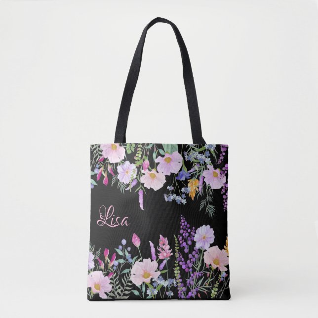 Saco de Tote Preto Personalizado - Mistura Floral (Frente)