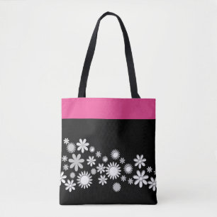 Saco de Tote Rosa e Preto com Flores Brancas