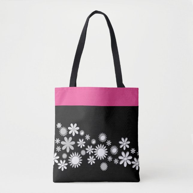 Saco de Tote Rosa e Preto com Flores Brancas (Frente)