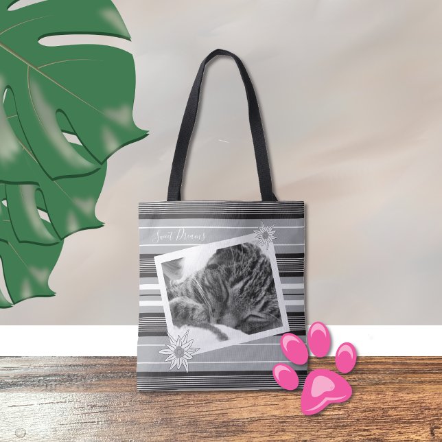 Saco preto e branco com tote listrado com fotograf (Criador carregado)