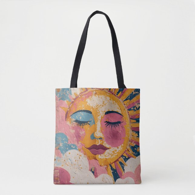 Saco Tote Arte Abstrata Rosto Sol Boho (Frente)