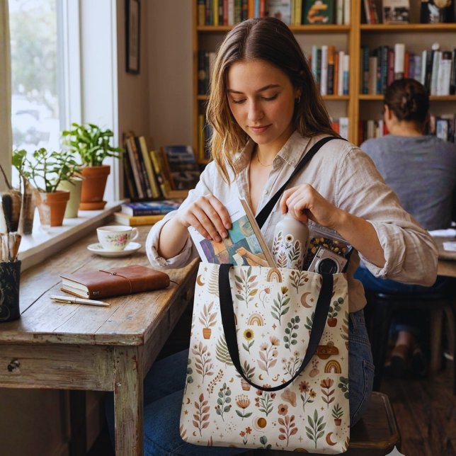 Saco Tote Boho Neutro Arco-Íris (Boho Floral Canvas Tote Bag | Botanical Everyday Shopping & Book Handbag)