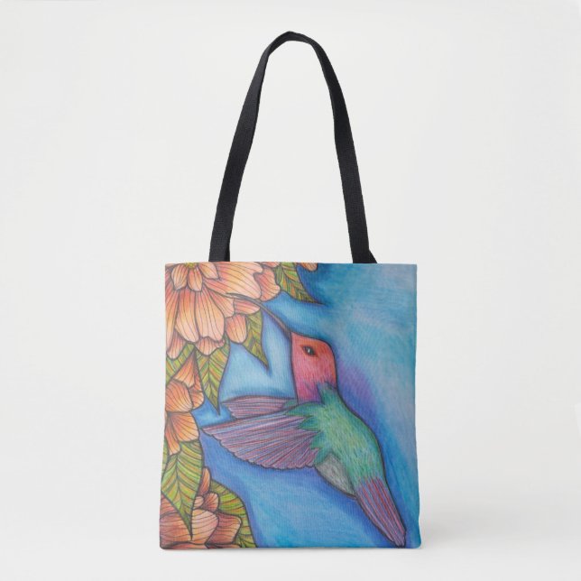 Saco Tote com Hummingbird e Flores Arte Lápis (Frente)