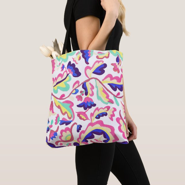Saco Tote com Padrão de Arte de Tulipas em Estilo  (Close Up)