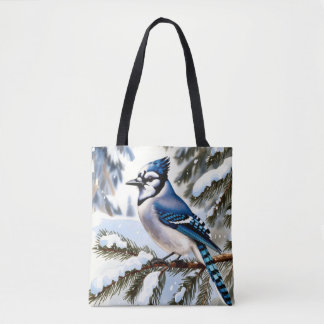 Saco Tote de Inverno em Aquarela com Gaio-Azul em