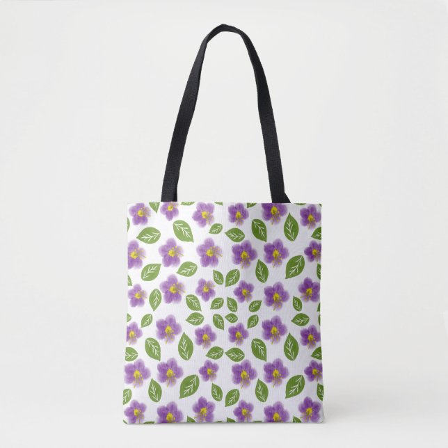 Saco Tote de Lona com Padrão Floral Violeta Roxo – (Frente)