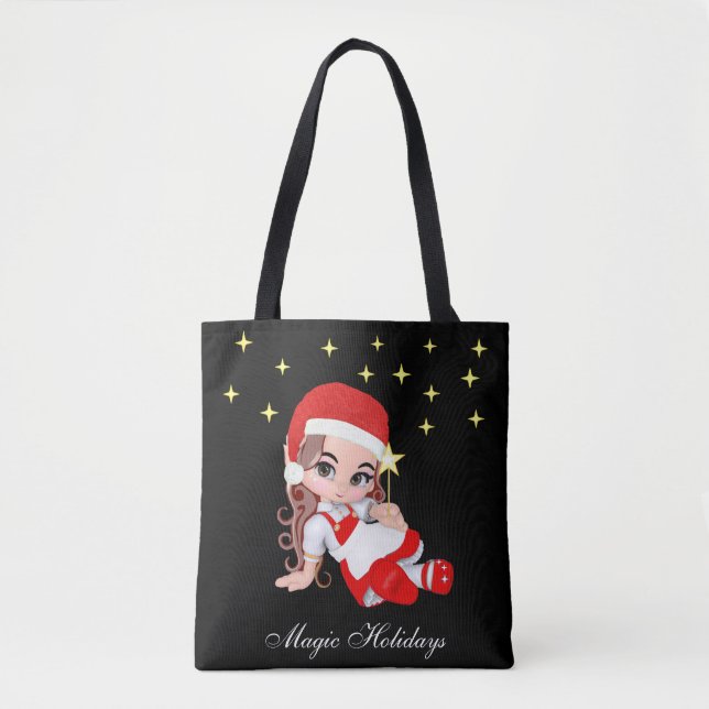 Saco Tote de Natal Fada Anjo Fofo & Estrelas (Frente)