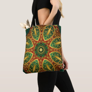 Saco Tote Decorativo Verde Vermelho Dourado para F