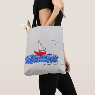 Saco Tote Esboço de Gaivotas Barco Mar Sonho Vela