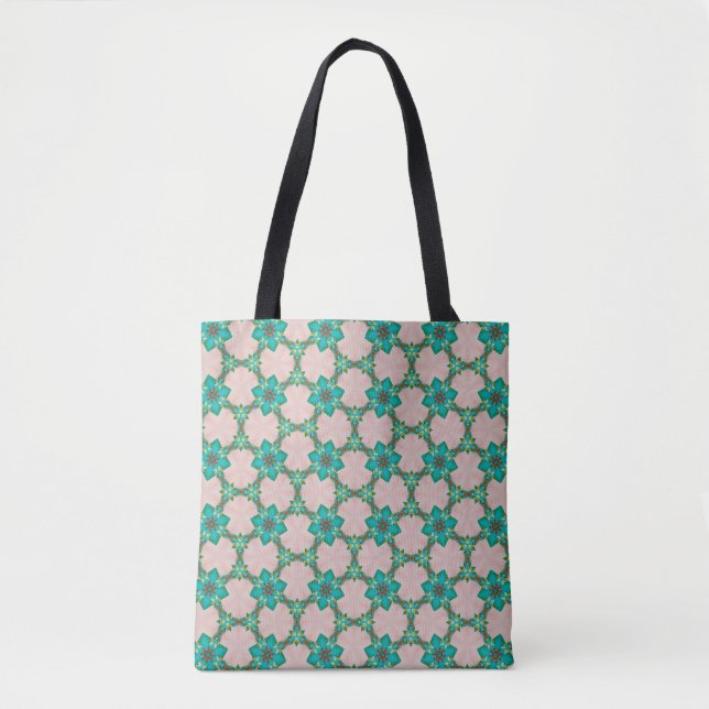 Saco Tote Floral Retro Mint & Vermelho (Frente)