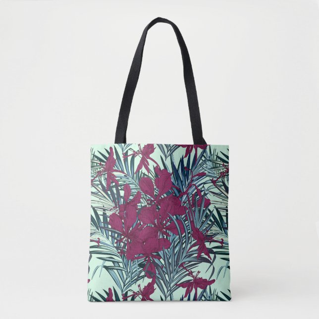Saco Tote Floral Tropical Violeta e Azul Marinho (Frente)