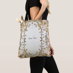 Saco Tote Flores Brancas Ornamentadas Douradas
