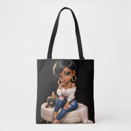 Saco Tote Ilustração de Mulher Preta Chic –