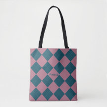 Saco tote padrão argyle nome azul oceano rosa