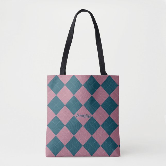 Saco tote padrão argyle nome azul oceano rosa (Frente)