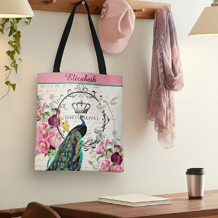 Saco tote personalizado de pavão e flores da prima