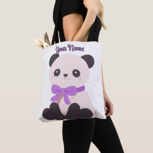 Saco Tote Personalizado Panda Sentado Laço Roxo Fo