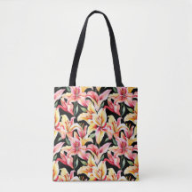 Saco Tote Preto Flor de Lírio em Aquarela