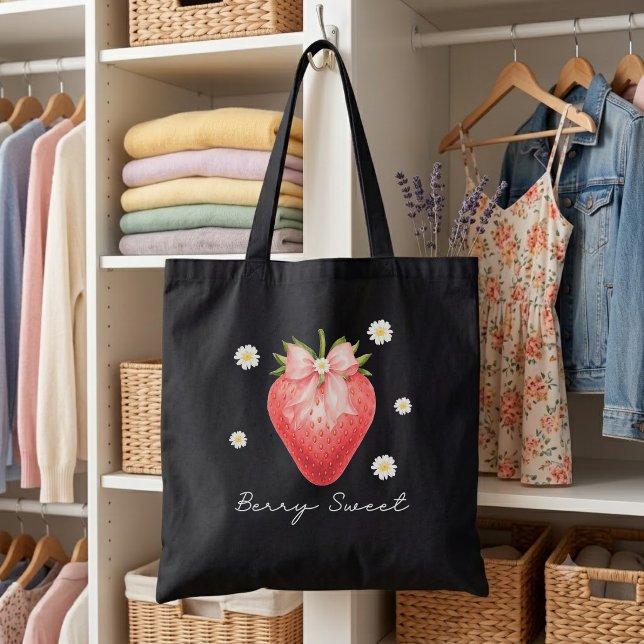 Saco Tote Preto Morango Doce de Frutas (Criador carregado)