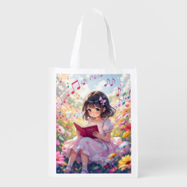 Sacola Ecológica Anime Girl Reading  in Flowers and Musical Notes