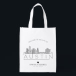 Sacola Ecológica Austin, Texas Wedding | Linha Skyline Estilizada<br><div class="desc">Um saco de casamento único para um casamento acontecendo na bela cidade de Austin,  Texas. Esta bolsa apresenta uma ilustração estilizada do horizonte único da cidade com seu nome embaixo. Esta é seguida pelas informações do dia do casamento em um estilo aberto igual.</div>