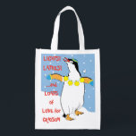 Sacola Ecológica Bolsa de compra Hanukkah Penguin<br><div class="desc">Hanukkah Penguin, saco branco de dois lados. Todos os elementos design podem ser editados. Todo o texto editável pode ser excluído e substituído por sua própria mensagem. Use a cor, o tamanho e o estilo da sua fonte favorita. Feliz Hanukkah/Chanukah! Estilo: Bag Reutilizável Vá verde e salve o planeta com...</div>