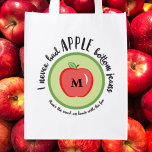 Sacola Ecológica Engraçado Citação de Jeans Inferiores da Apple Mon<br><div class="desc">Esta canção SEMPRE me faz querer dançar. E esta bolsa faz-me rir. Dentro de maçã vermelha,  branca e ilustrada,  de um círculo verde,  com um solteiro inicial no centro. Que fofo!</div>