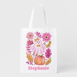 Sacola Ecológica Fantasma de Halloween Rosa Pastel com Nome Persona