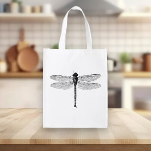 Sacola Ecológica Ilustração de Dragonfly em Preto e Branco Vintage