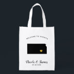 Sacola Ecológica Kansas Map Wedding Bag, Black & Dourado Bolsa<br><div class="desc">Preencha este saco de boas-vindas com guloseimas favoritas para os seus hóspedes aproveitarem quando chegarem ao Kansas!</div>