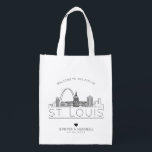 Sacola Ecológica Louis, Missouri Wedding | Linha Skyline Estilizada<br><div class="desc">Um saco de casamento único para um casamento acontecendo na linda cidade de Ruas Louis,  Missouri. Esta bolsa apresenta uma ilustração estilizada do horizonte único da cidade com seu nome embaixo. Esta é seguida pelas informações do dia do casamento em um estilo aberto igual.</div>