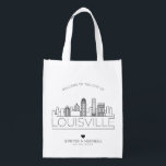 Sacola Ecológica Louisville, Kentucky Wedding | Linha Skyline Estil<br><div class="desc">Um saco de casamento único para um casamento acontecendo na linda cidade de Louisville,  Kentucky.  Esta bolsa apresenta uma ilustração estilizada do horizonte único da cidade com seu nome embaixo.  Esta é seguida pelas informações do dia do casamento em um estilo aberto igual.</div>