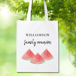 Sacola Ecológica Manutenção de Reunião Familiar<br><div class="desc">Esta Bolsa de compra de Reunião Familiar Reutilizável é decorada com melancias de verão de aquarela. Facilmente personalizável. Use a Ferramenta Design para alterar o tamanho, o estilo ou a cor do texto. À medida que criamos a nossa trabalho de arte, não encontraremos esta imagem exata de outros designers. Original...</div>