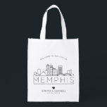 Sacola Ecológica Memphis, Tennessee Wedding | Linha Skyline Estiliz<br><div class="desc">Um saco de casamento único para um casamento acontecendo na bela cidade de Memphis,  Tennessee. Esta bolsa apresenta uma ilustração estilizada do horizonte único da cidade com seu nome embaixo. Esta é seguida pelas informações do dia do casamento em um estilo aberto igual.</div>