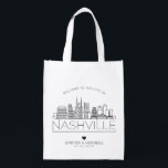 Sacola Ecológica Nashville, Tennessee Wedding | Linha Skyline Estil<br><div class="desc">Um saco de casamento único para um casamento acontecendo na linda cidade de Nashville,  Tennessee. Esta bolsa apresenta uma ilustração estilizada do horizonte único da cidade com seu nome embaixo. Esta é seguida pelas informações do dia do casamento em um estilo aberto igual.</div>