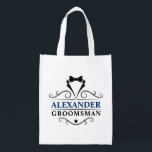 Sacola Ecológica Padrinho de casamento Preto Torre Azul Branco Reut<br><div class="desc">Padrinho de casamento Negra De Casamento - Saco De Tota Reutilizável - Texto Azul Marinho</div>