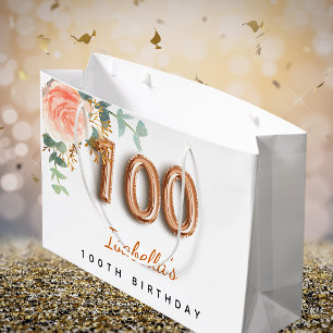 Sacola Para Presentes Grande 100.o aniversário do eucalipto dourado rosa floral