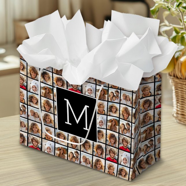 Sacola Para Presentes Grande 11 Colagem de Fotos em Grid com Monograma (Custom Photo Gift Bag)