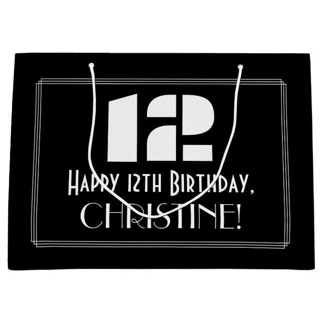 Sacola Para Presentes Grande 12 Aniversário ~ Arte Deco Inspirou "12" + Nome (Frente)
