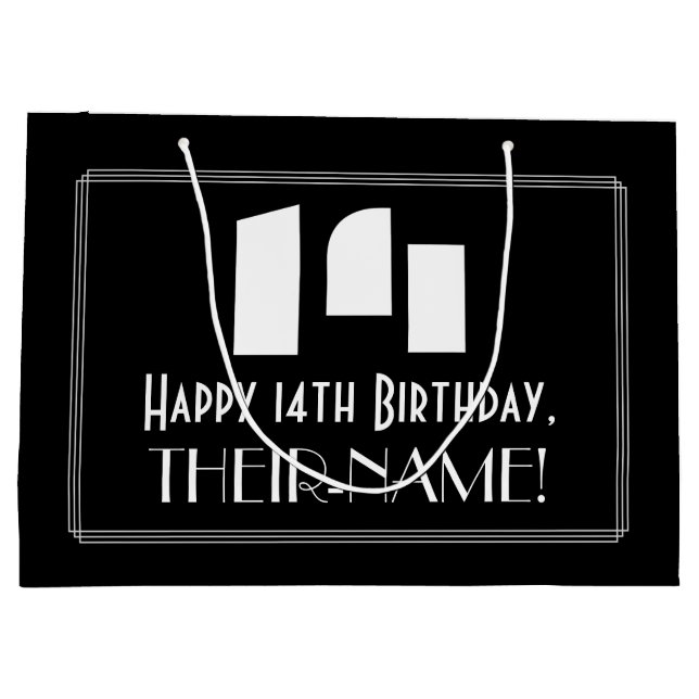 Sacola Para Presentes Grande 14 Aniversário ~ Arte Deco Inspirou "14" + Nome (Verso)