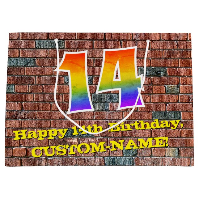 Sacola Para Presentes Grande 14 de aniversário: Arco-Íris divertido inspirado n (Frente)