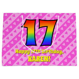 Sacola Para Presentes Grande 17.º aniversário: Stripes e corações cor-de-rosa, 