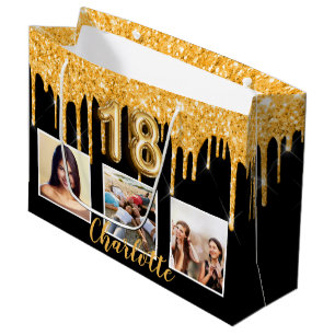 Sacola Para Presentes Grande 18º aniversário do glitter preto dourado gota foto
