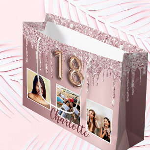 Sacola Para Presentes Grande 18.º aniversário, cor-de-rosa, goteja de foto mo